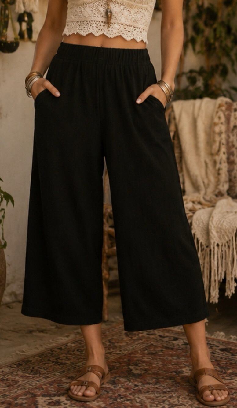 Dressed In Lala Wide Leg Ribbed Pant Black Cropped Capri Stretch Womens Large L